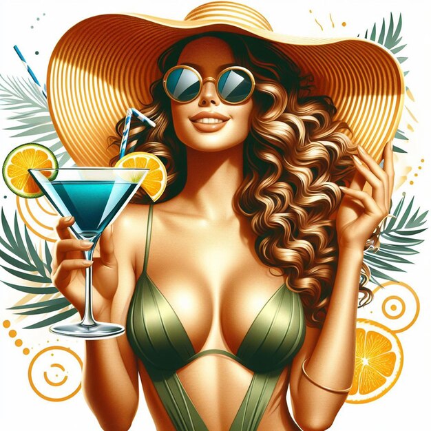 PSD beauty queen woman at the pool with margarita cocktail relaxation vacation vector art