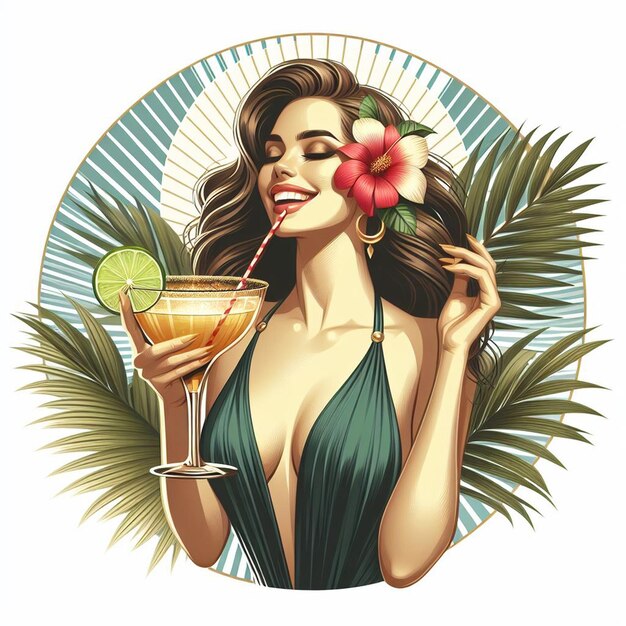 PSD beauty queen woman at the pool with margarita cocktail relaxation vacation vector art