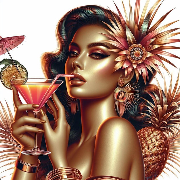 Beauty queen woman at the pool with margarita cocktail relaxation vacation vector art