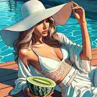 PSD beauty queen woman at the pool with melon relaxation vacation vector art