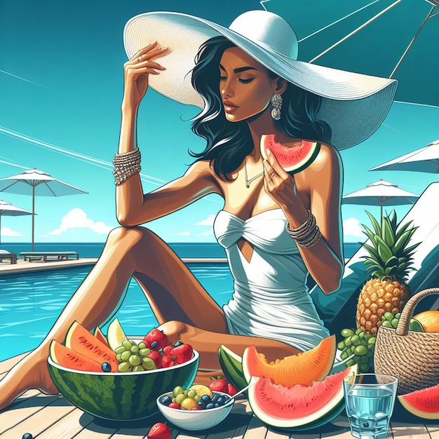 PSD beauty queen woman at the pool with melon relaxation vacation vector art