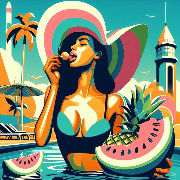 PSD regina della bellezza donna in piscina con melone relax vacanza arte vettoriale