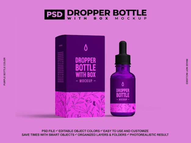 PSD beauty serum purple drop bottle mockup front view with box purple dropper bottle and box mock up