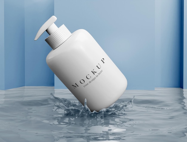 Beauty soap bottle mockup with blue splash water