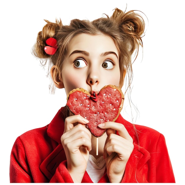 PSD 아름다움의 놀라움 젊은 패션 모델 발렌타인 하트 모양의 쿠키를 손에 들고 있는 소녀