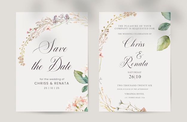 PSD beauty wedding invitation with wildflowers watercolor