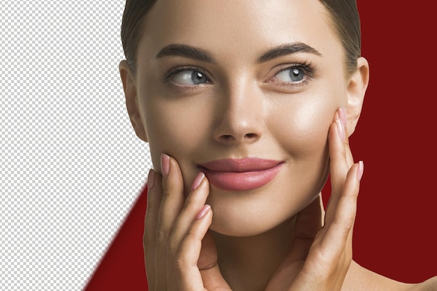 PSD beauty woman skin care beautiful female hand touching face cosmetic girl model over blue background