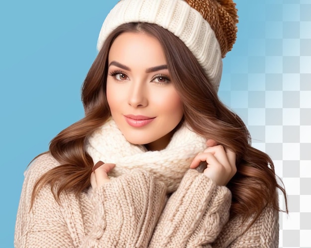 Beauty woman with brown hair and winter clothes feeling warm and cozy