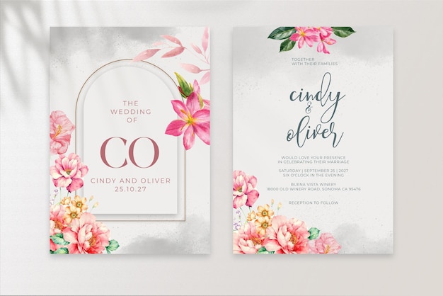 PSD beautyful wedding invitation template with rose pink orange flower watercolor02