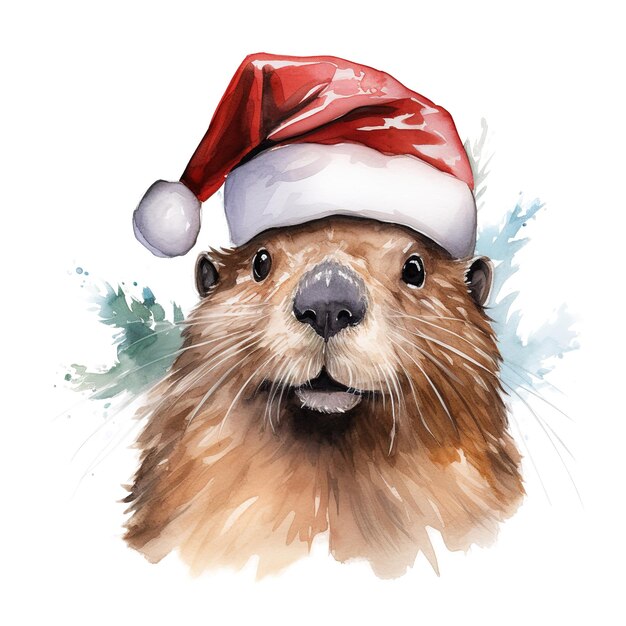 Beaver draagt santa hat voor kerstmis evenement waterverf stijl ai gegenereerd
