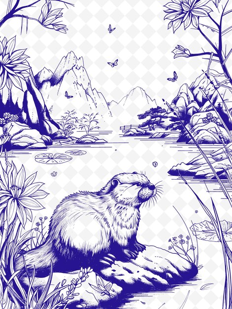 PSD a beaver is in a pond with a mountain in the background