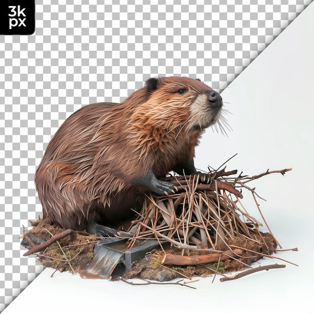 PSD a beaver is sitting on a nest with a stick in the background