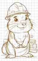 PSD beaver z hełmem budowlanym i zajętym wyrazem twarzy post animals sketch art vector collections