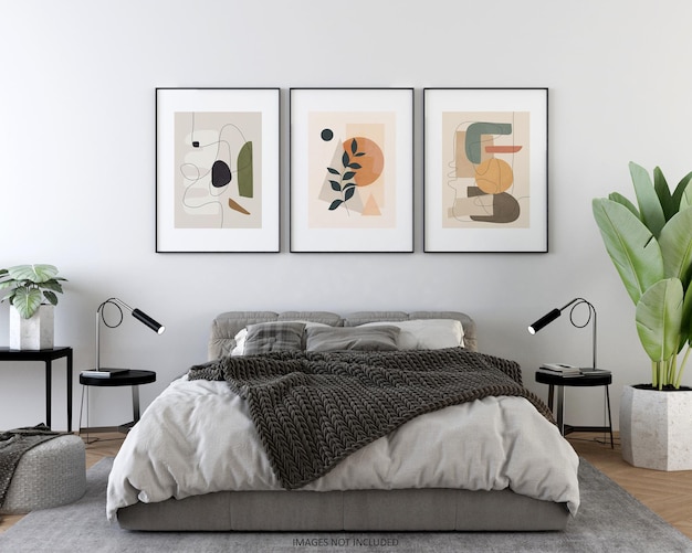 Bed room with poster and modern bed mockup