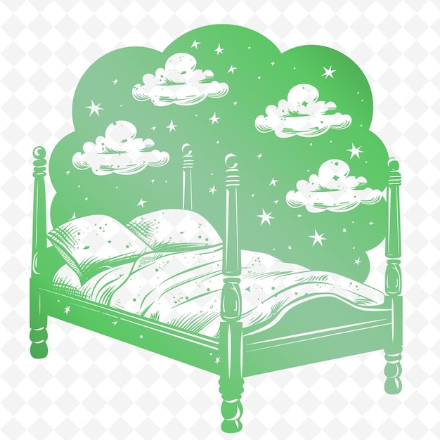 PSD a bed with a green and white bed with a sleeping sleeping girl on it