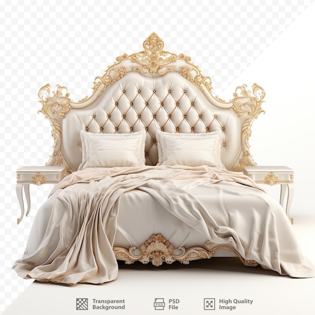 a bed with a white headboard and a gold headboard.