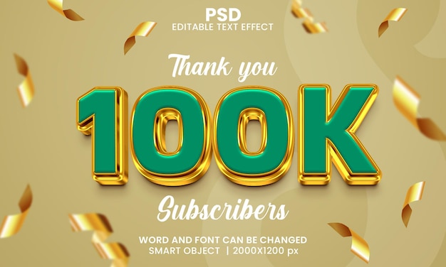 Bedankt 100k abonnees 3d bewerkbaar teksteffect premium psd met achtergrond