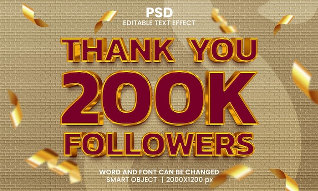 PSD bedankt 200k volgers 3d bewerkbaar teksteffect premium psd met achtergrond