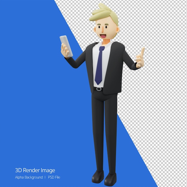 PSD bedrijfsconcept volledige lengte van zakenman houdt een smartphone 3d-rendering cartoon afbeelding vast