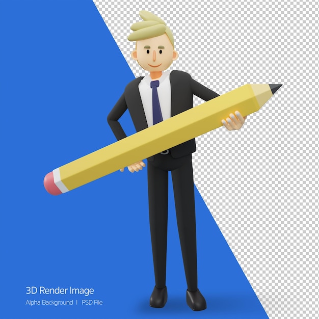 Bedrijfsconcept volledige lengte van zakenman met grote pencil3d-rendering cartoon afbeelding