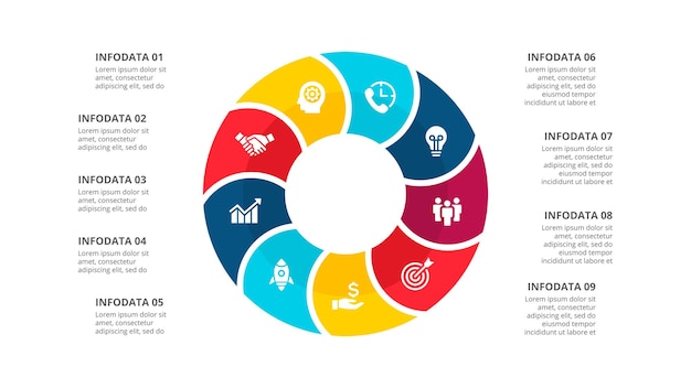 PSD bedrijfsgegevensvisualisatie met 9 stappen creatief concept voor cyclusinfographic