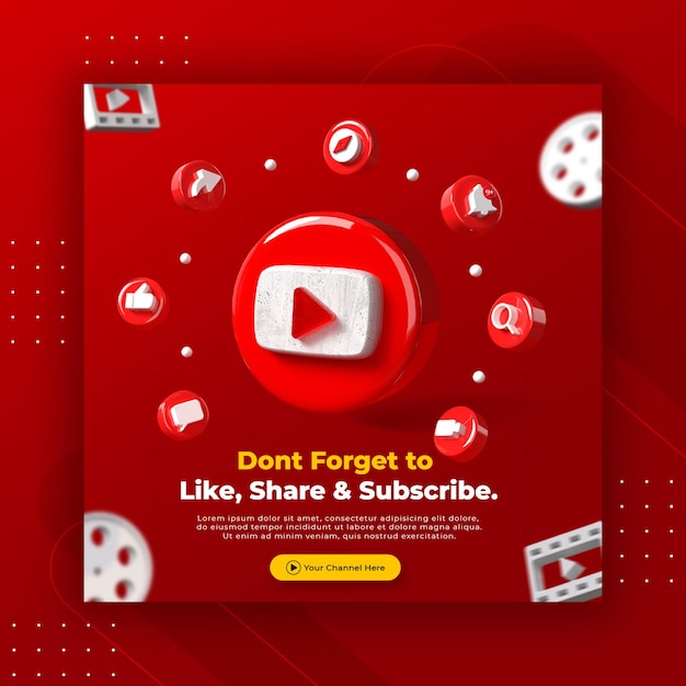 PSD bedrijfspaginapromotie met 3d render youtube-logo voor instagram-postsjabloon