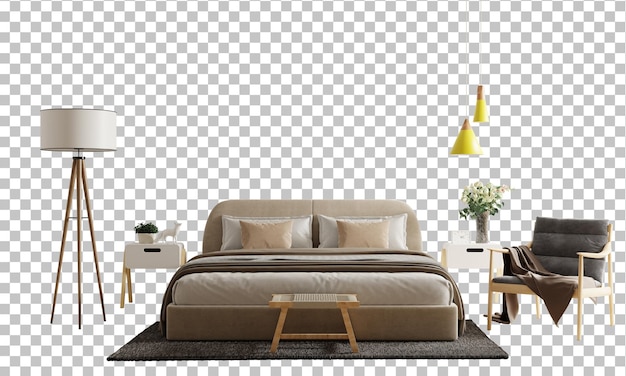 PSD bedroom on transparent background 3d rendering