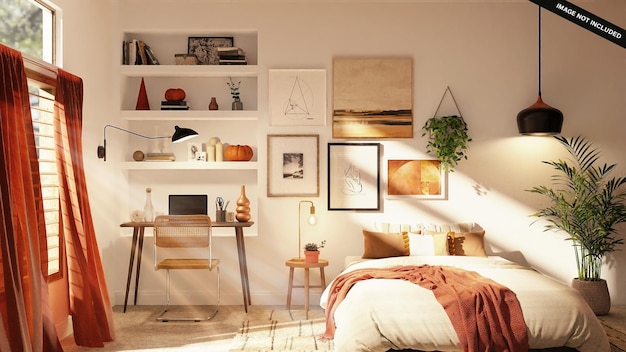 Bedroom wall canvas mockup with nice clean interior and table
