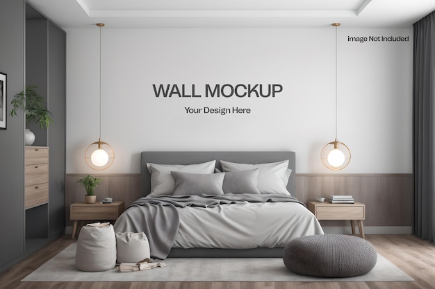 Bedroom wall psd mockup with stylish bedding and modern lighting