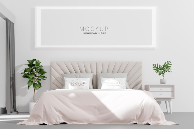 침대가 있는 침실과 벽에 "mockup"이라고 적힌 식물이 있습니다.