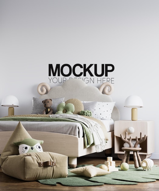 A bedroom with a bed and a wall that says'mockup your design here '