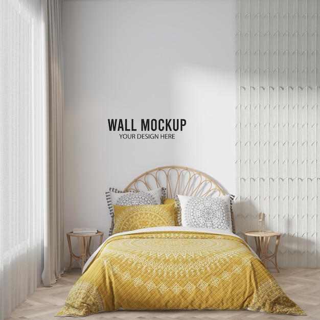 PSD a bedroom with a bed and a yellow comforter on the wall