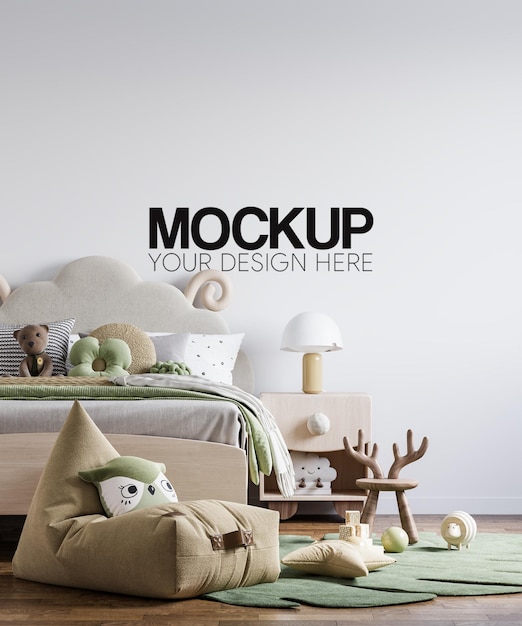 Una camera da letto con un muro che dice 'mockup your design here '