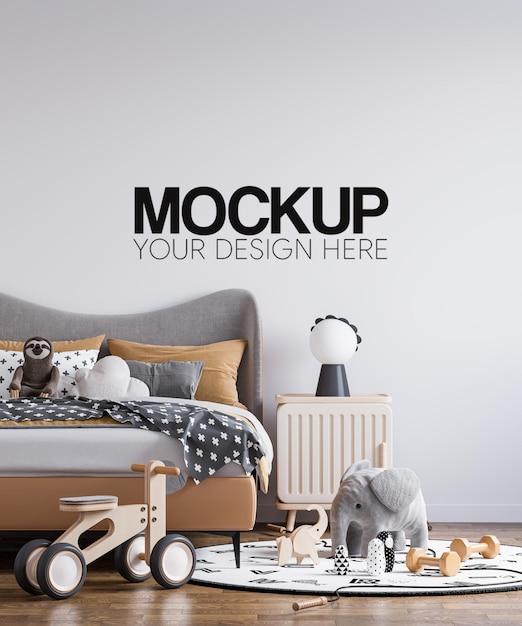 Una camera da letto con un muro che dice 'mockup your design here '