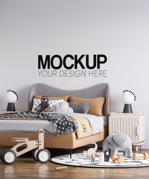 Una camera da letto con un muro che dice 'mockup your design here '