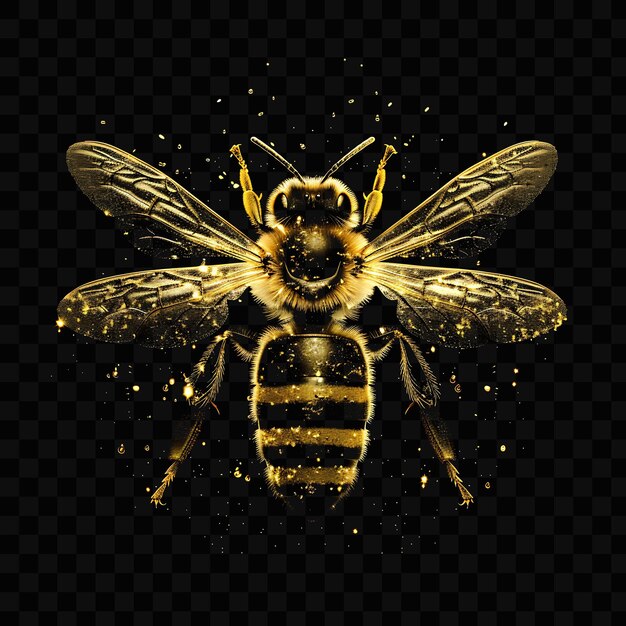 PSD a bee with gold glitter on its face and a black background