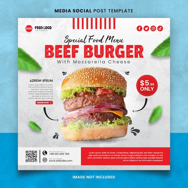 Beef burger food menu and restaurant media social post template