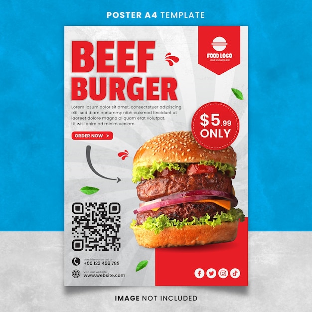 Beef Burger Food Menu and Restaurant Poster or Banner Template Ready to Print