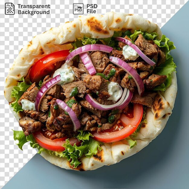 PSD beef gyro sandwich met sla tomaten en paarse uien op een blauwe tafel