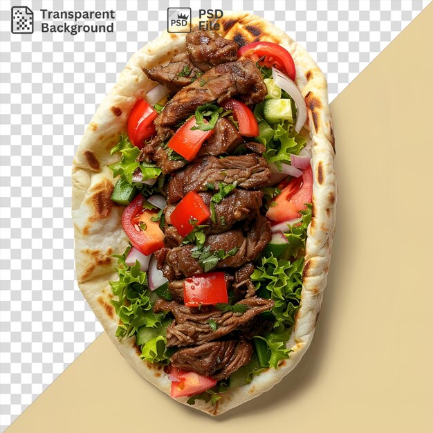 PSD beef shawarma topped with tomatoes and lettuce on a transparent background