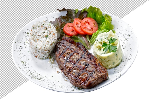 PSD beef steak with potatoes and rice in isolated white background