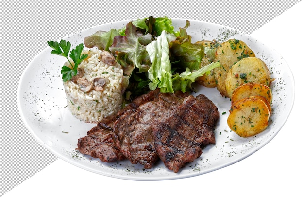 PSD beef steak with potatoes and rice in isolated white background