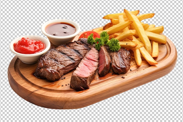 PSD beef steak with sauce and chips on wooden plate simple detail isolated white background