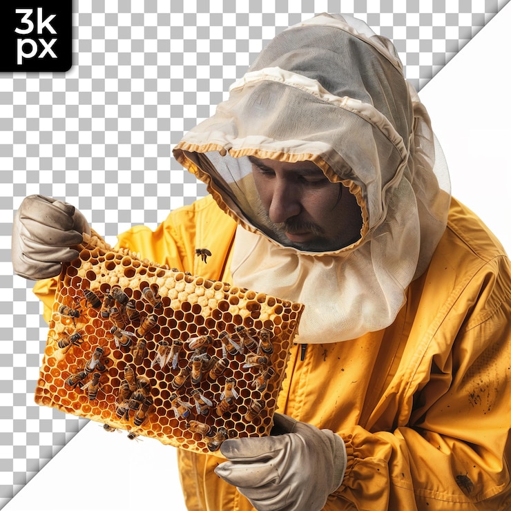 PSD 養蜂人在透明背景下檢查蜜蜂的蜂巢