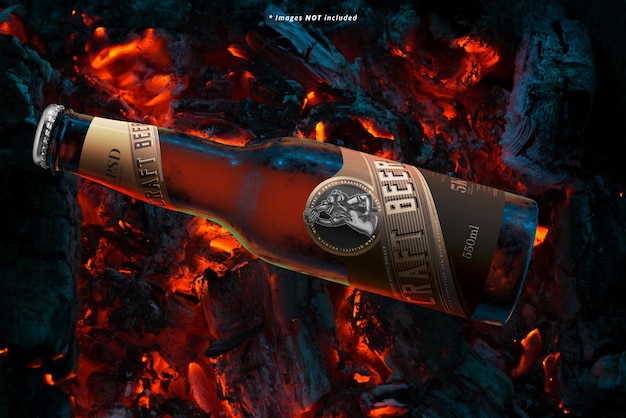 Beer bottle on burning hot coal mockup scene