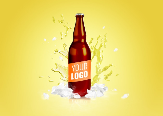 PSD mockup di pubblicità spruzzata della bottiglia di birra