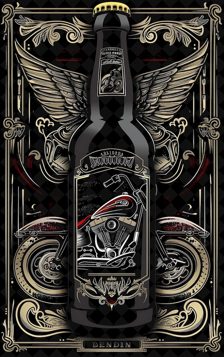 PSD beer bottle with label featuring a motorcycle detailed label flat illustration beer culture design