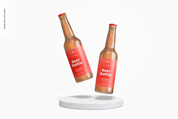 Beer bottles mockup, falling