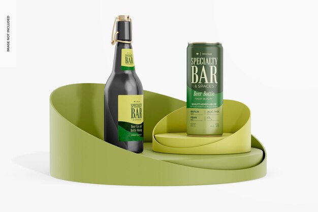 Beer can and bottle mockup on podium