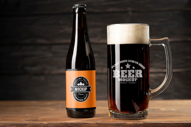 beer mug mockup on wooden table